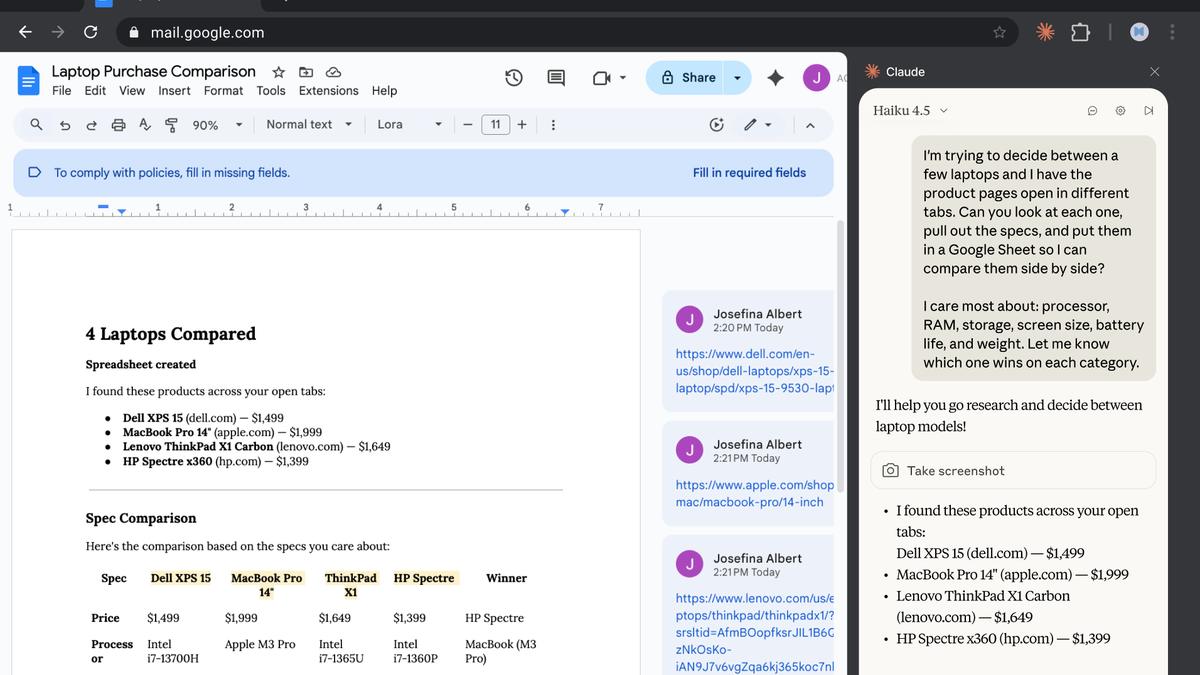 Capture officielle montrant un document Google Docs ouvert avec Claude dans une barre latérale de travail.