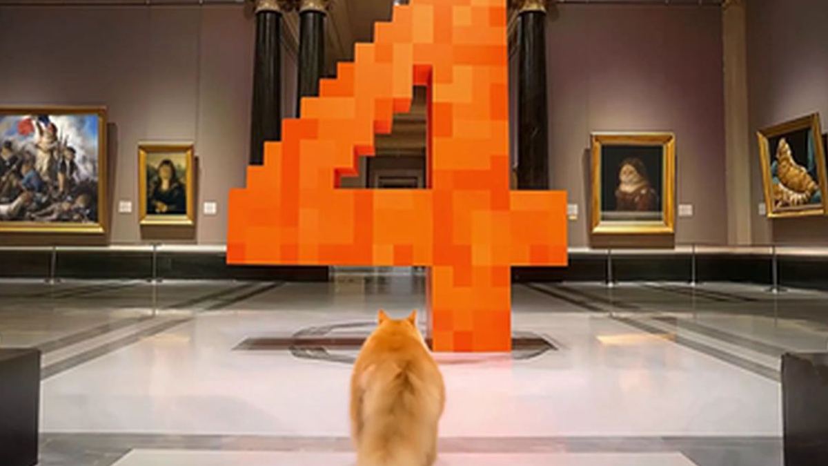 Un chat roux face à une grande sculpture orange en forme de 4 dans une galerie, visuel de lancement de Mistral Large 4.